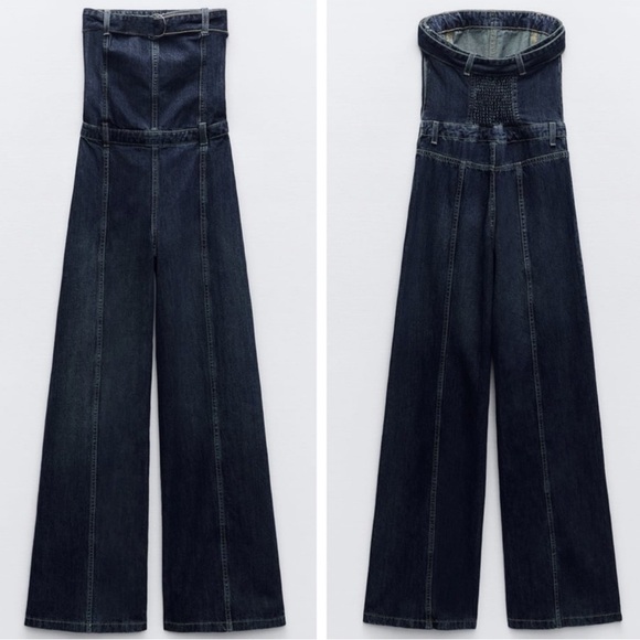Zara Strapless Wide Leg Denim Jumpsuit size Medium - Picture 4 of 6